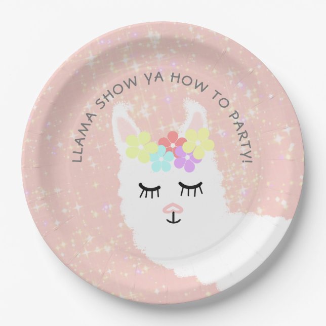 Cute Llama Blush Pink Floral Party Paper Plate (Front)