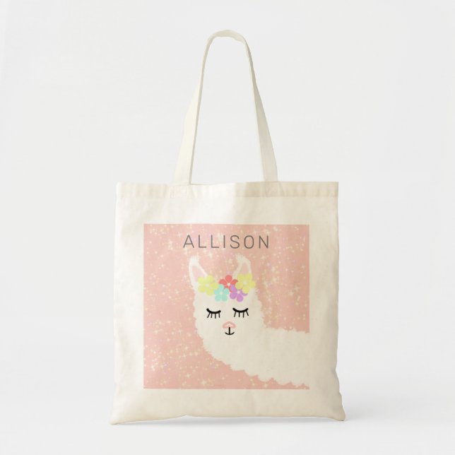 Cute Llama Blush Pink Floral Personalised Tote Bag (Front)