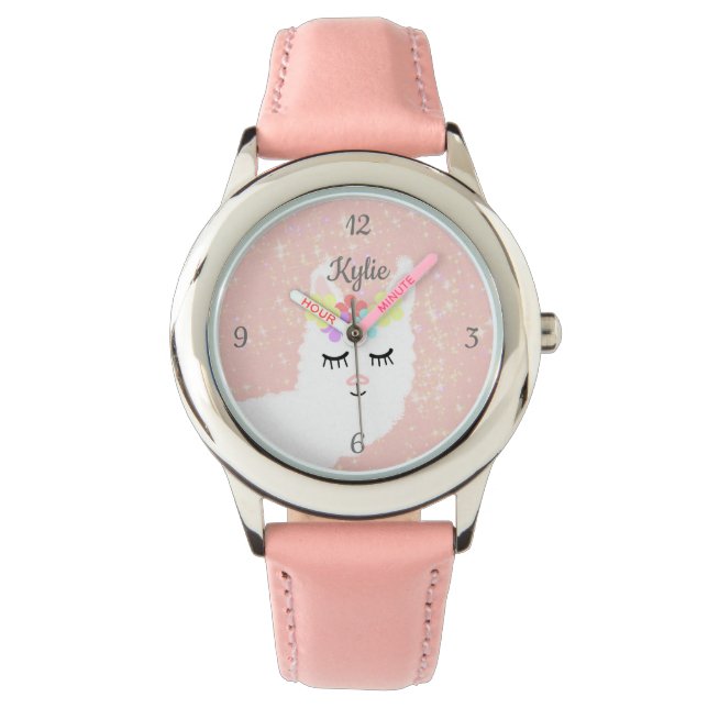 Cute Llama Blush Pink Stars Personalised Watch (Front)