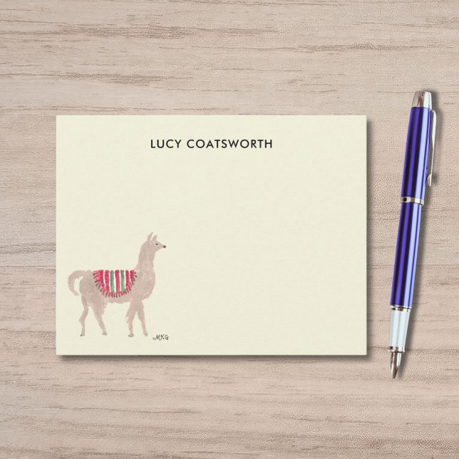 Cute Llama Boho Hand-Painted Personalised Cream Card (This notecard shows a cute llama wearing a red blanket -- my own original watercolor art.)