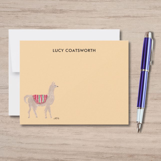 Cute Llama Boho Hand-Painted Personalized Beige Card (These llama thank you notes feature my own artwork of a cute llama wearing a red blanket.)