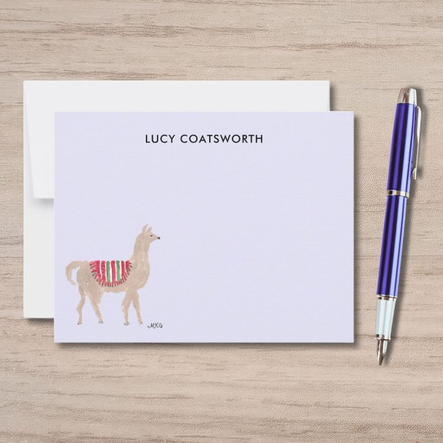 Cute Llama Boho Hand-Painted Personalized Farm Card (These lavender llama thank you notes feature my own artwork of a cute llama wearing a red blanket.)