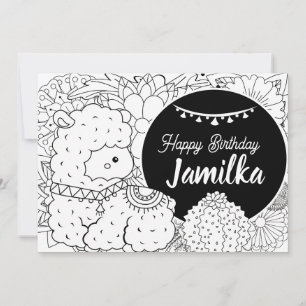 Cute Llama Cactus Kids Birthday Floral Colouring Holiday Card