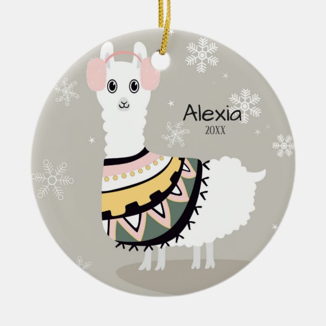 Cute Llama Christmas Ceramic Tree Decoration (Front)