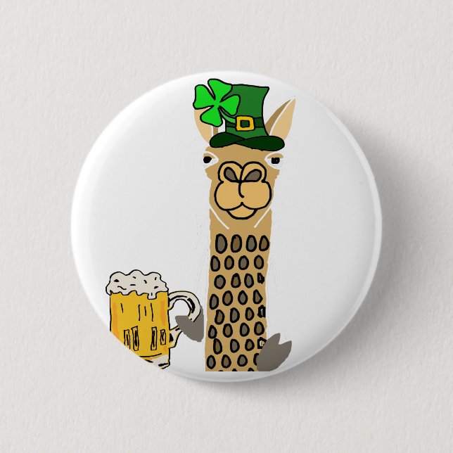 Cute Llama Drinking Beer St. Patrick's Day Cartoon 6 Cm Round Badge (Front)
