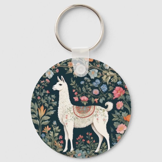 Cute Llama Elegant Floral Key Ring (Front)
