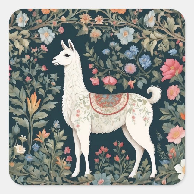 Cute Llama Elegant Floral Square Sticker (Front)