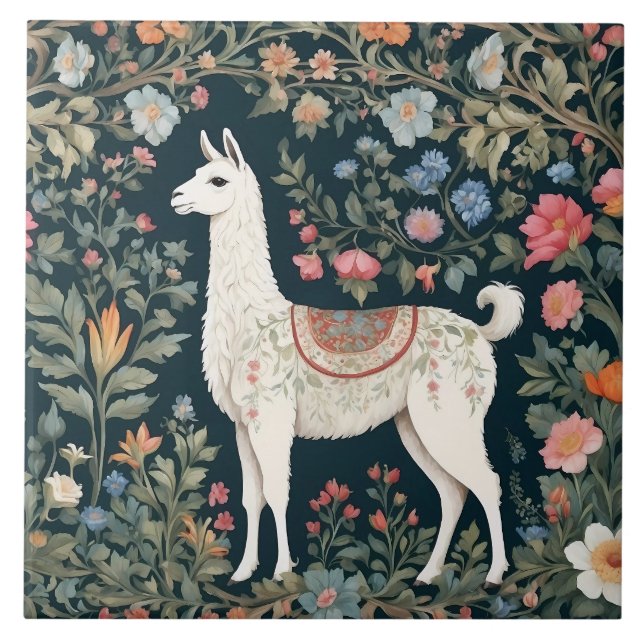 Cute Llama Elegant Floral Tile (Front)
