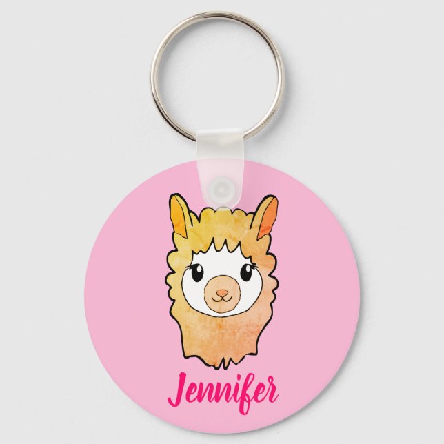 Cute Llama Face Drawing Custom Name Key Ring (Front)