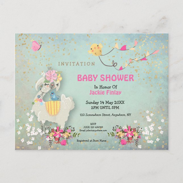 Cute Llama/Floral Baby Shower Invitation Postcard (Front)