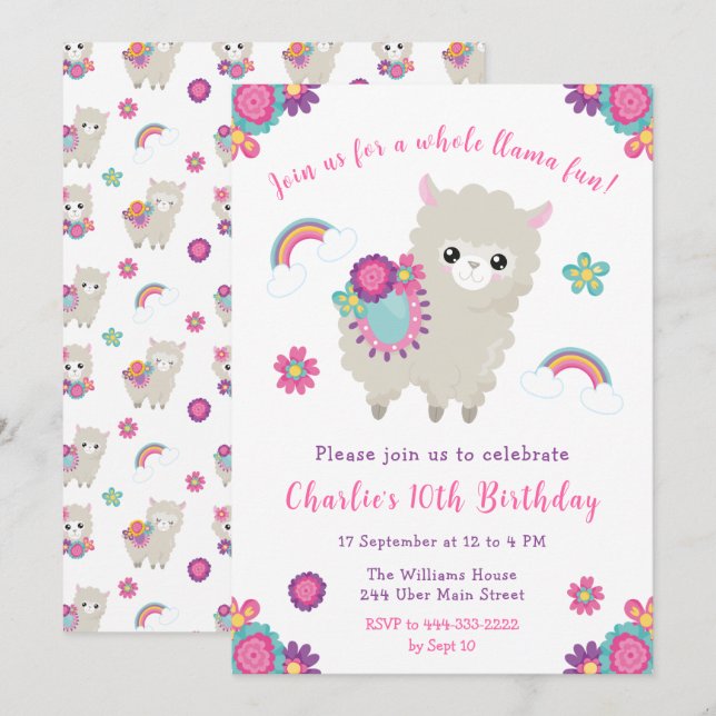 Cute Llama Floral Birthday Invitation (Front/Back)