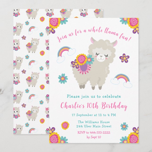Cute Llama Floral Birthday Invitation (Front/Back)