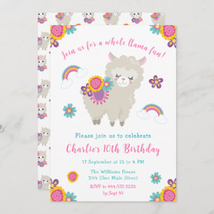 Cute Llama Floral Birthday Invitation