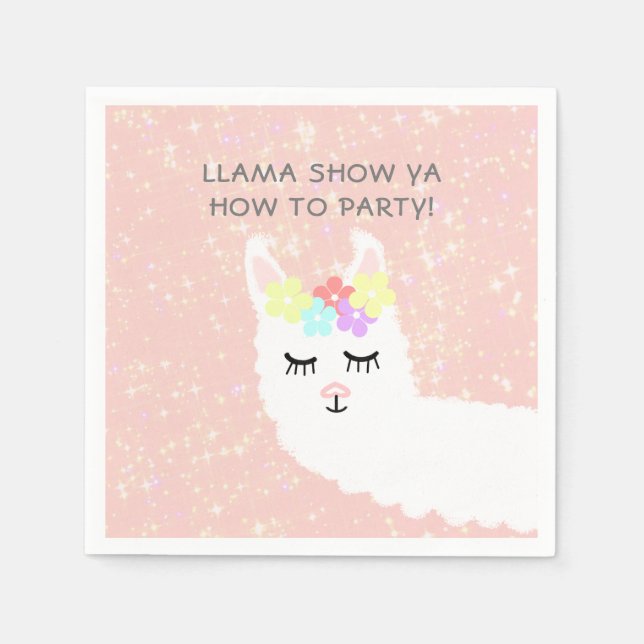 Cute Llama Floral Blush Pink Birthday Party Napkin (Front)