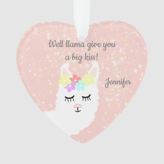 Cute Llama Floral Blush Pink Personalised Ornament (Front)