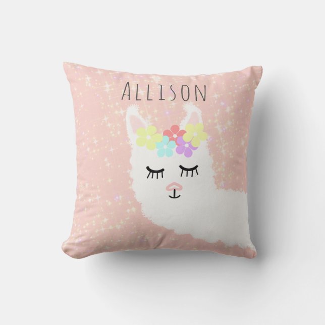 Cute Llama Floral Blush Pink Stars Personalised Cushion (Front)