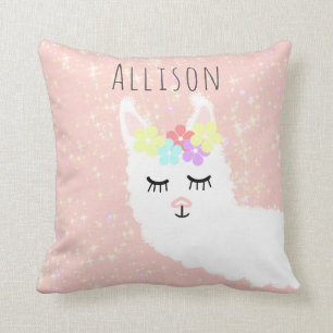 Cute Llama Floral Blush Pink Stars Personalised Cushion