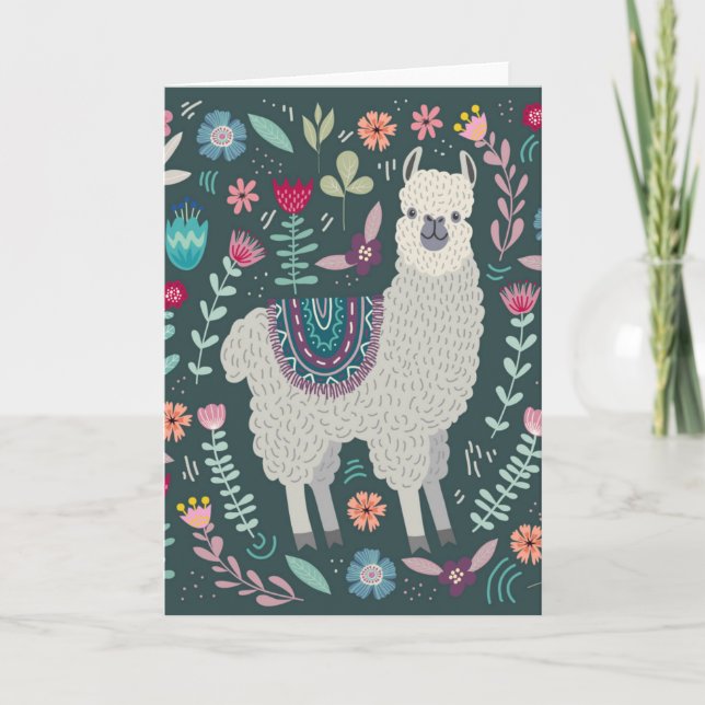 Cute Llama Floral Design Card (Front)