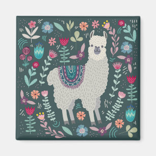 Cute Llama Floral Design Magnet