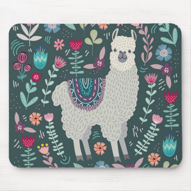 Cute Llama Floral Design Mouse Mat (Front)