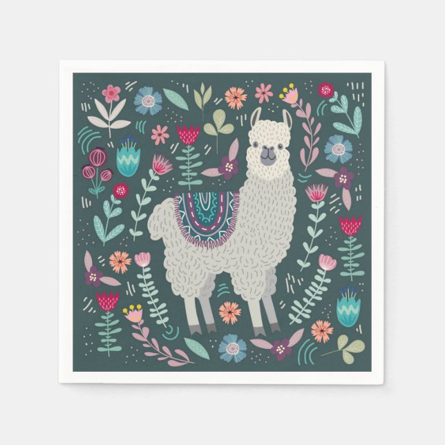 Cute Llama Floral Design Napkin (Front)