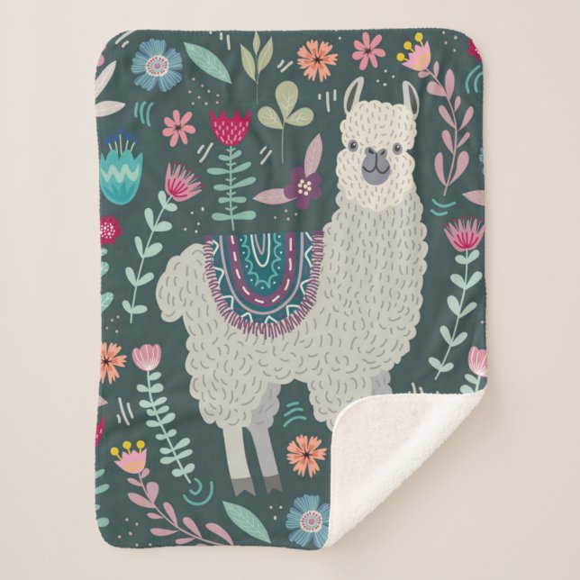 Cute Llama Floral Design Sherpa Blanket (Front)