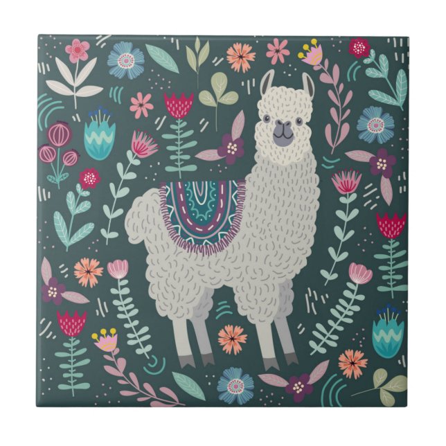 Cute Llama Floral Design Tile (Front)