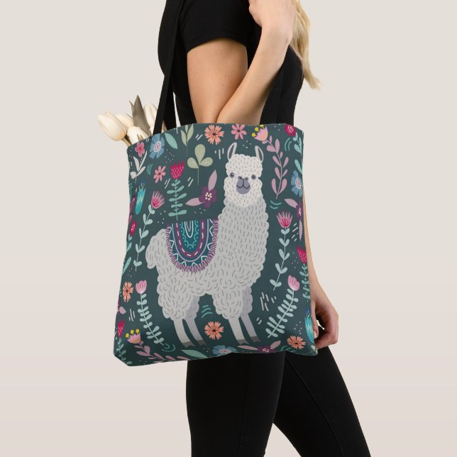 Cute Llama Floral Design Tote Bag (Close Up)
