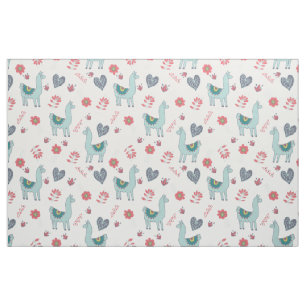 Cute Llama Flower Hearts Folk Art Doodle Fabric