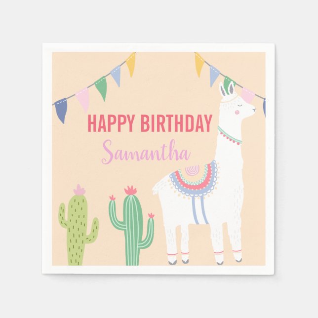 Cute Llama fun birthday Fiesta Cactus party Napkin (Front)
