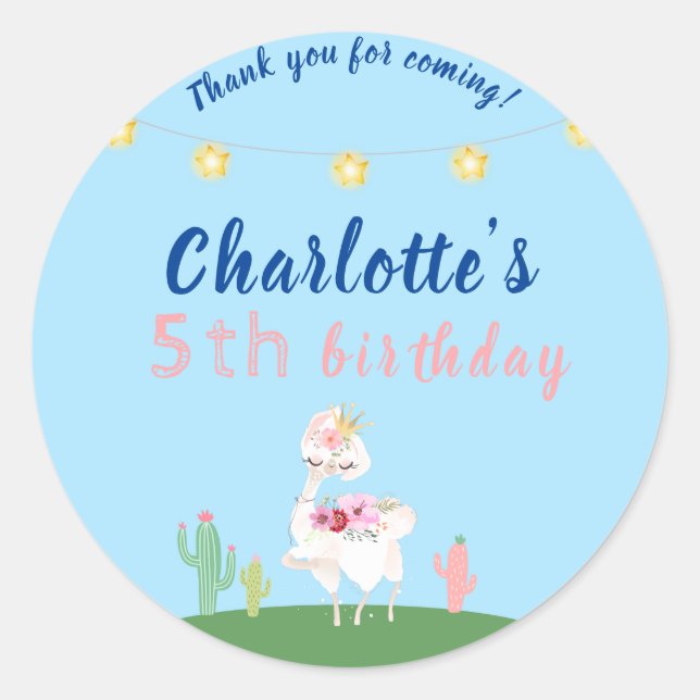 Cute Llama Fun Blue Birthday Party Classic Round Sticker (Front)