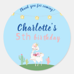 Cute Llama Fun Blue Birthday Party Classic Round Sticker