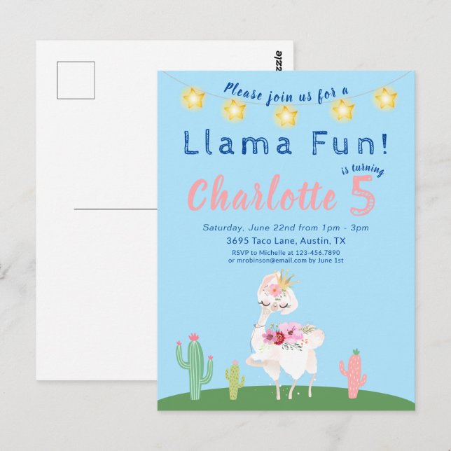 Cute Llama Fun Blue Birthday Party Invitation Postcard (Front/Back)