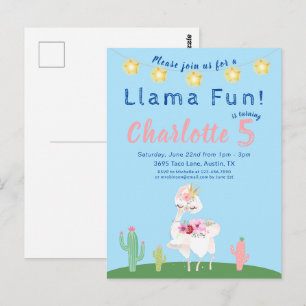 Cute Llama Fun Blue Birthday Party Invitation Postcard