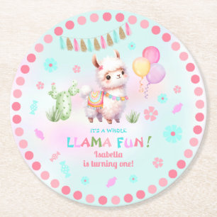 Cute Llama Fun Cactus Colourful Girl Birthday Round Paper Coaster