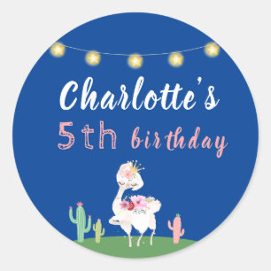 Cute Llama Fun Dark Blue Birthday Party Classic Round Sticker