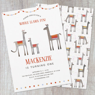 Cute Llama Fun First Birthday Invitation