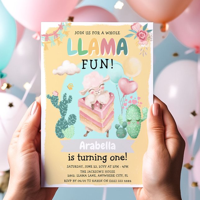 Cute Llama Fun! Girls 1st Birthday Party Invitation (Creator Uploaded)