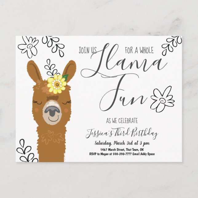 Cute Llama Fun Girls Birthday Party Invitation (Front)