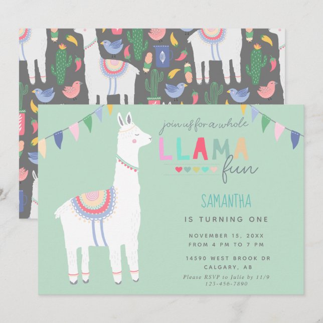 Cute Llama Fun Kid's Birthday Fiesta Banner Invitation (Front/Back)