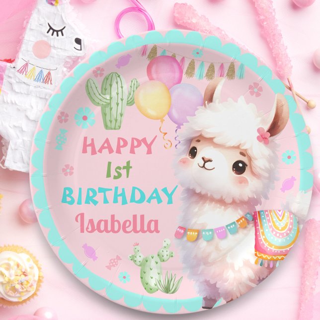 Cute Llama Fun Whimsical Colourful Girl Birthday Paper Plate (Cute Llama Fun Whimsical Colorful Girl Birthday Paper Plates)