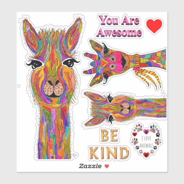 Cute Llama Giraffe & Awesome Words Vinyl Stickers (Sheet)