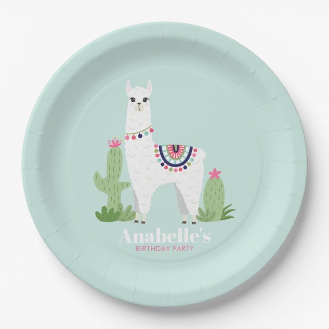 Cute Llama Girl's Birthday Party Paper Plate (Front)