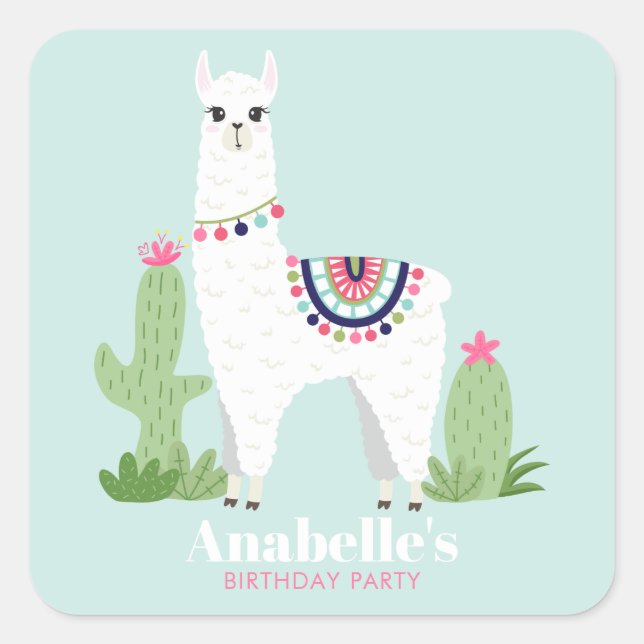 Cute Llama Girl's Birthday Party Square Sticker (Front)