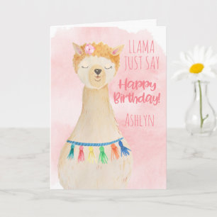 Cute Llama Girly Pink Personalised Birthday Card