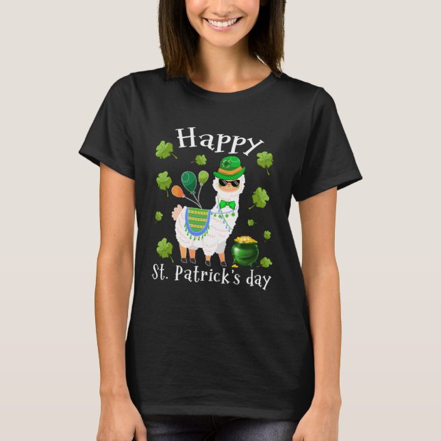 Cute Llama  Happy St Patrick s Day Irish Shamrock T-Shirt (Front)