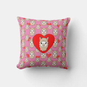 Cute Llama Head And Red Hearts Pink Background Cushion