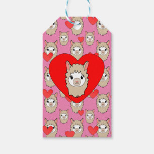 Cute Llama Head And Red Hearts Pink Background Gift Tags