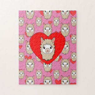 Cute Llama Head And Red Hearts Pink Background Jigsaw Puzzle