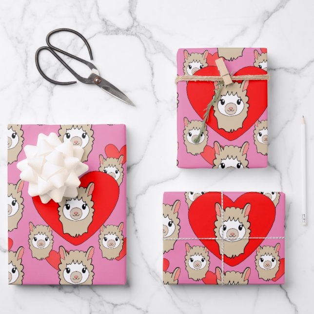 Cute Llama Head And Red Hearts Pink Background Wrapping Paper Sheet (Front)